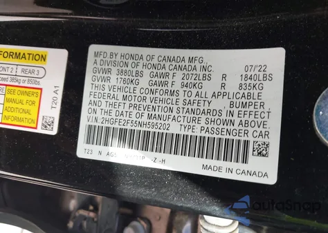 2022 Honda Civic Sport z USA, uszkodzony, nr VIN 2HGFE2F55NH595202